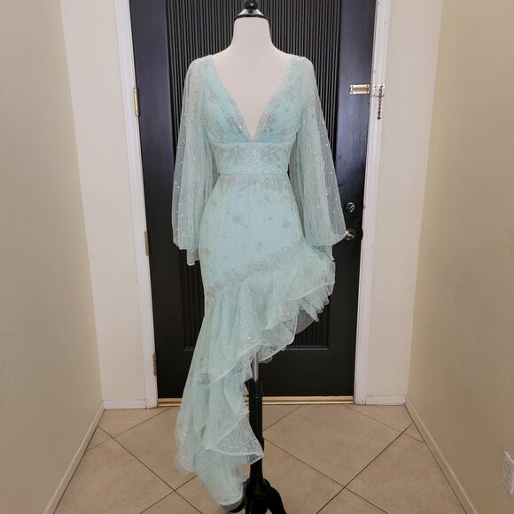 Ieena for Mac Duggal 50744 Seafoam Green Beaded High-Low Formal Gown Dress 2 - Picture 2 of 12